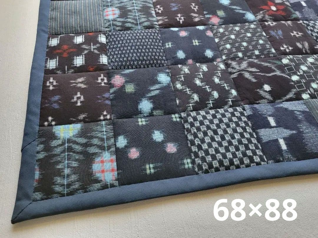 卵かけごはん 四角つなぎのパッチワークマット もめん古布 2点