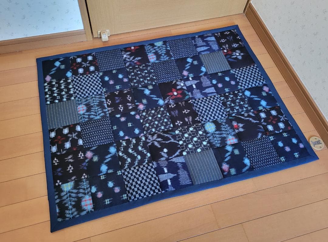 卵かけごはん 四角つなぎのパッチワークマット もめん古布 2点