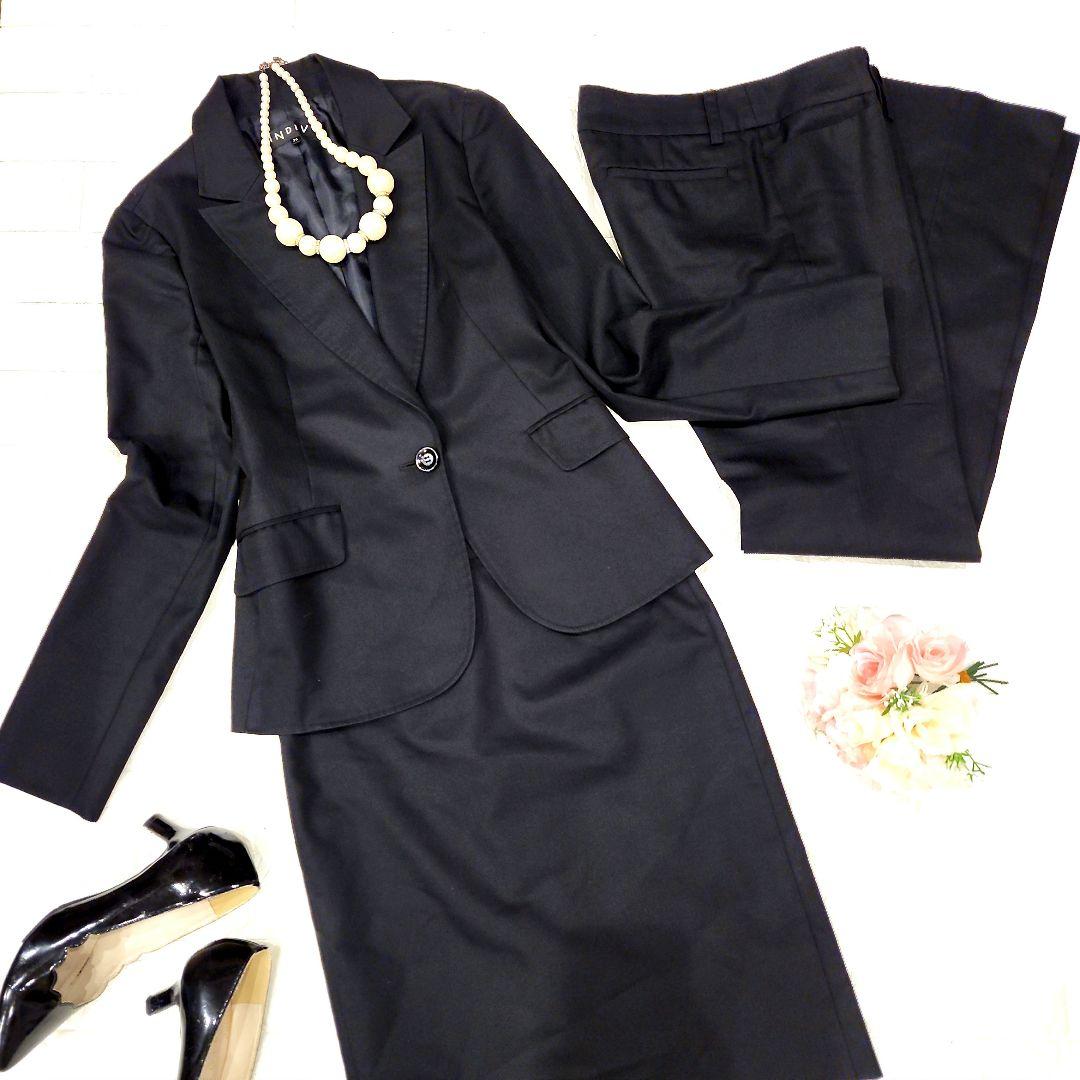 美品✨INDIVI パンツスーツ　スカート　３点セット　ブラック　リクルート　M