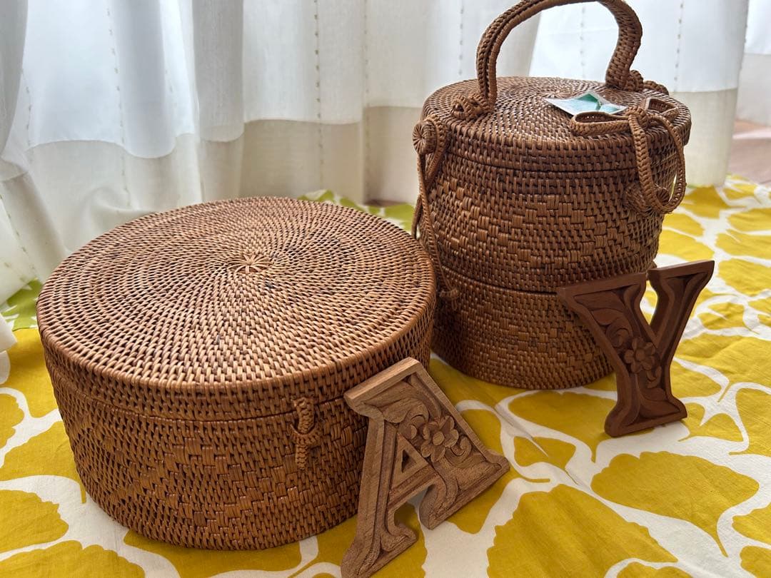 雑貨　アタ 編み2段ランチバスケット　2個セット裁縫道具　小物入れ バリ