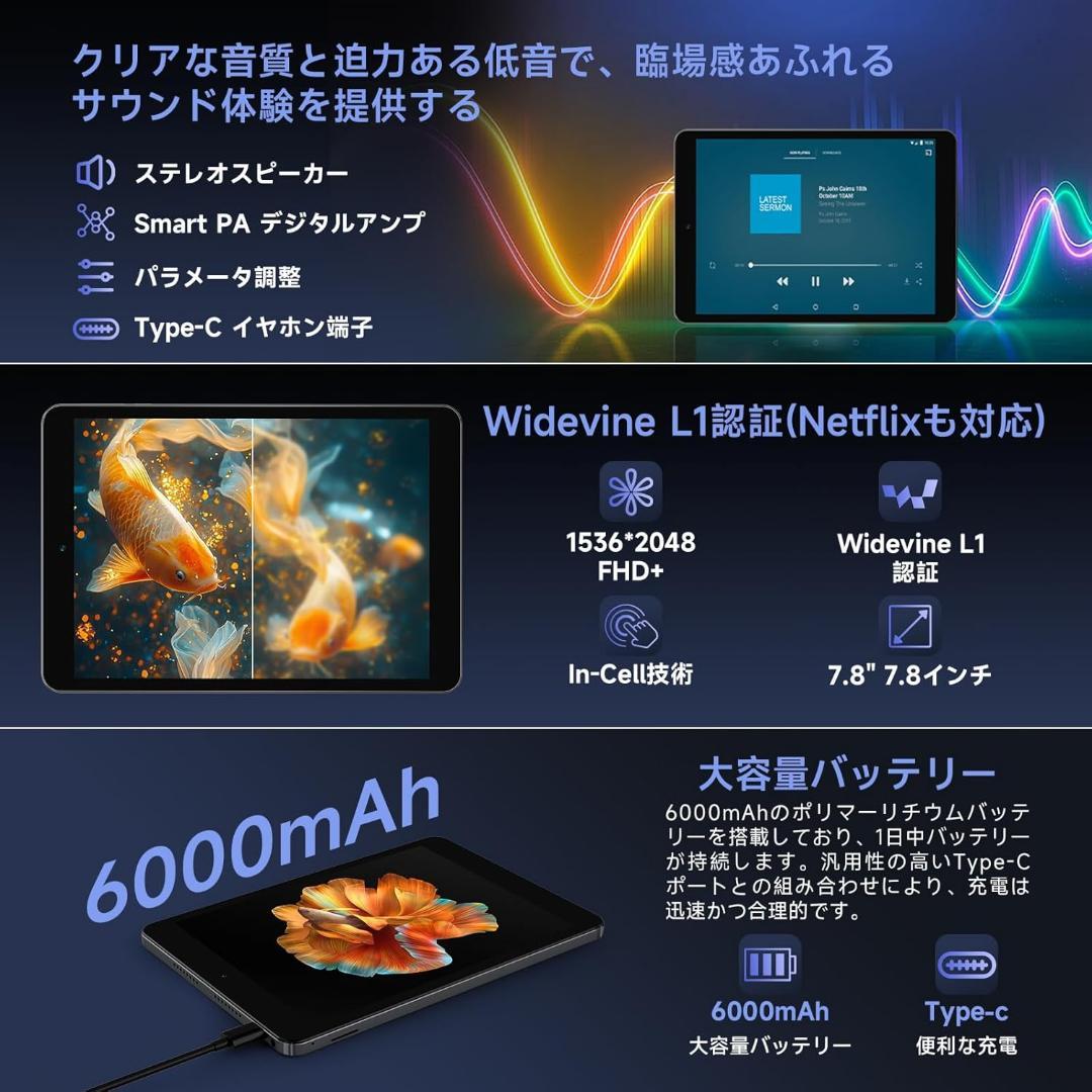 タブレット 7.9インチ 2K IPS画面　Android14