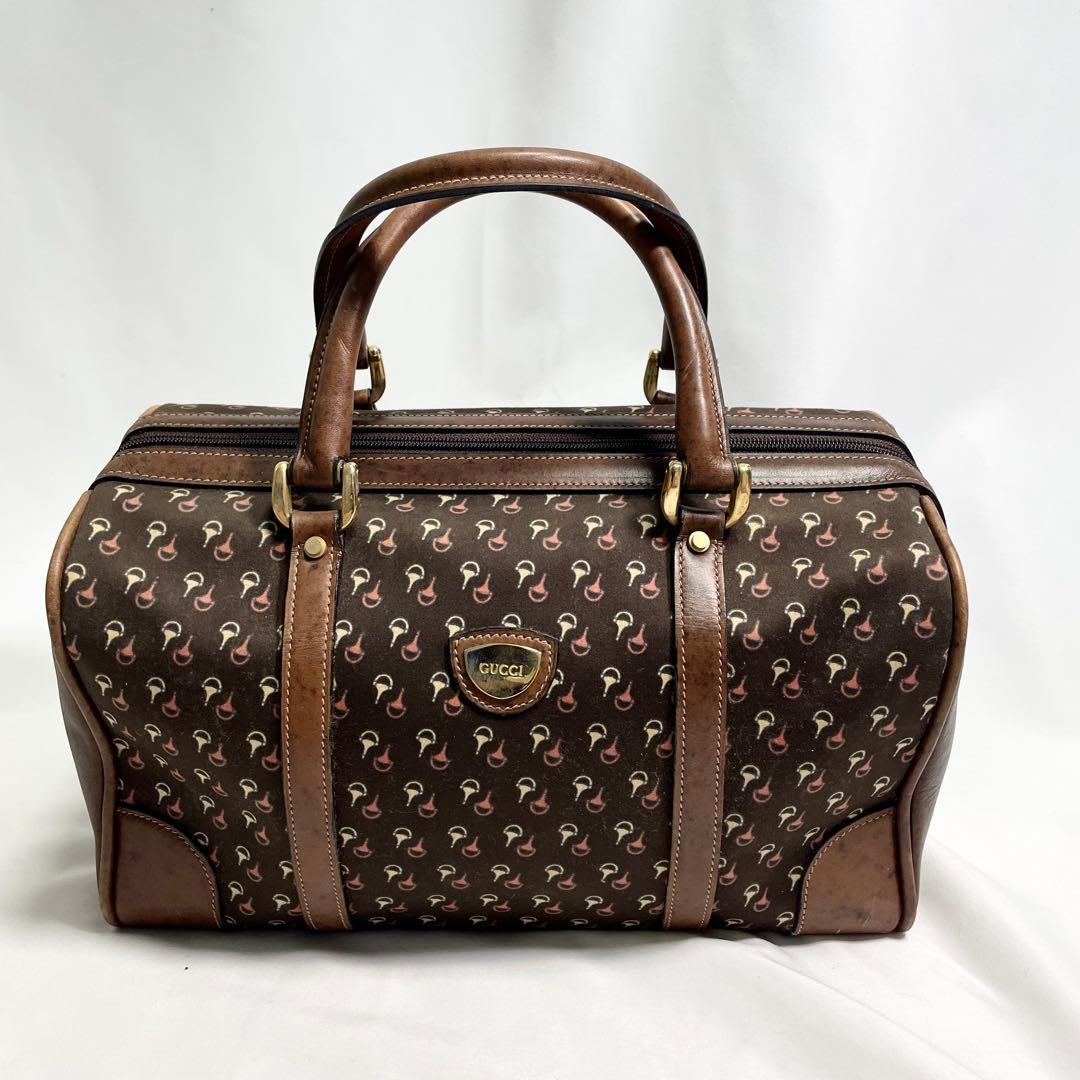 オールド グッチ ミニボストンバッグ レザー ホースビット柄 ブラウン 金金具