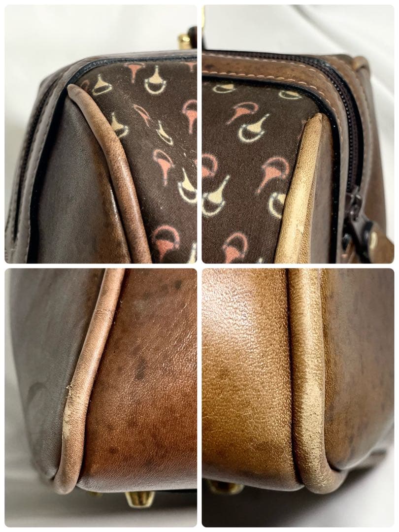 オールド グッチ ミニボストンバッグ レザー ホースビット柄 ブラウン 金金具