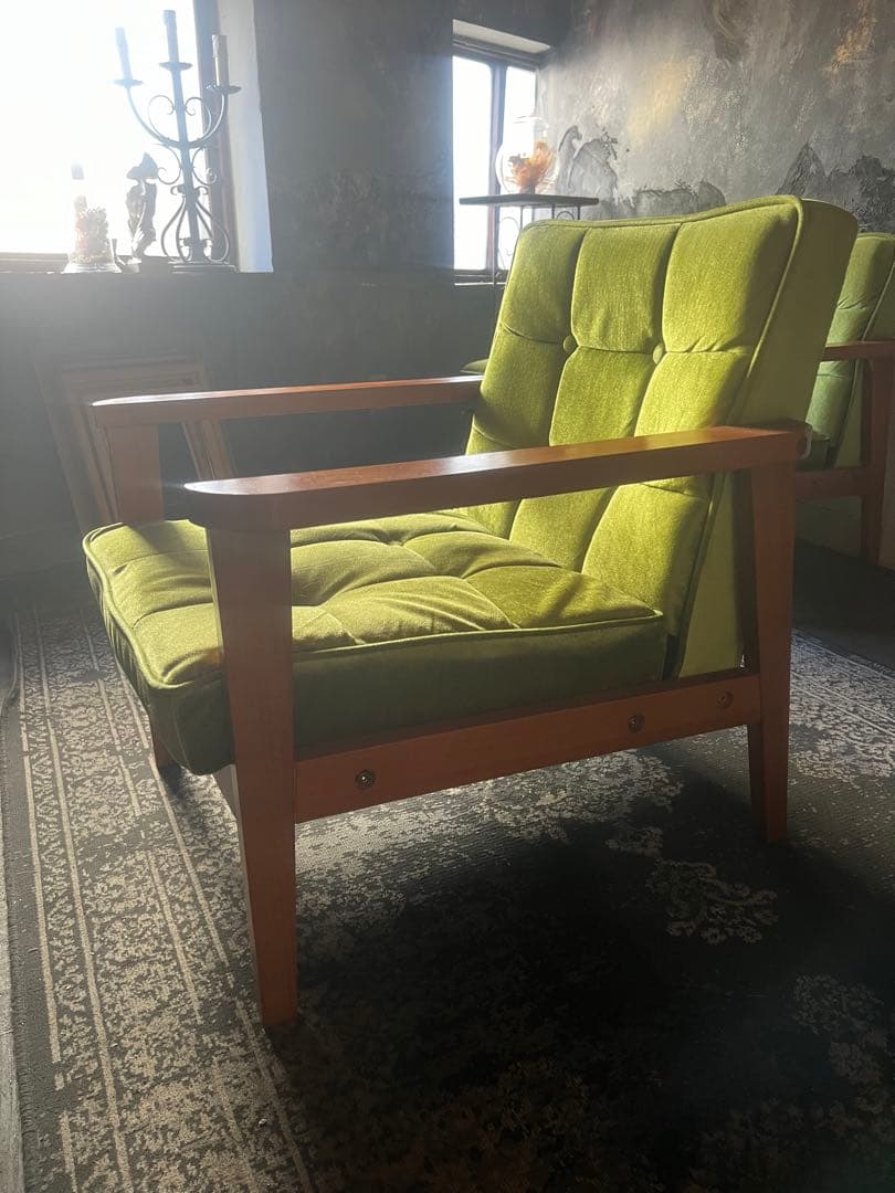 レトロ グリーンファブリック 1人掛けソファ