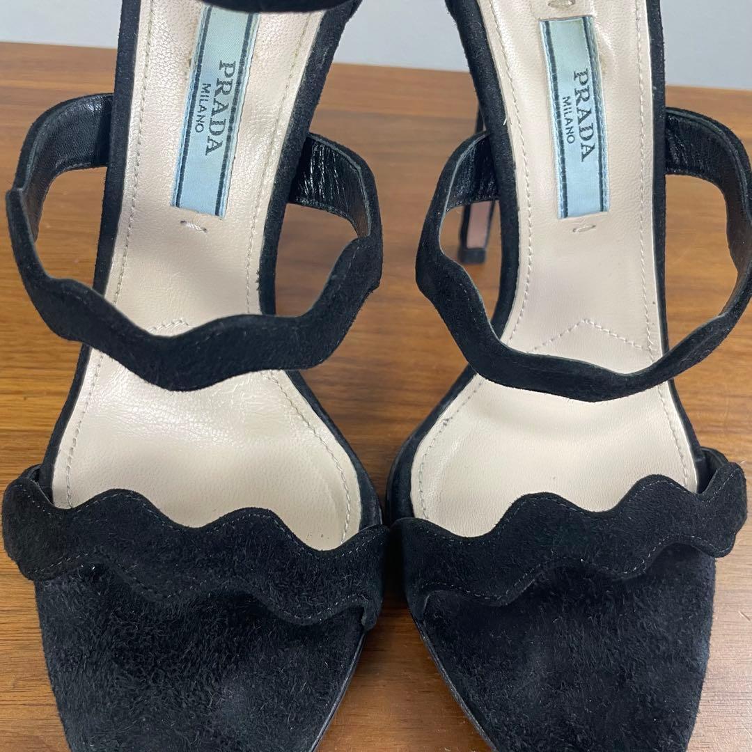【極美品】PRADA★3連スカラップカット　サンダル　ハイヒール　スエード　黒