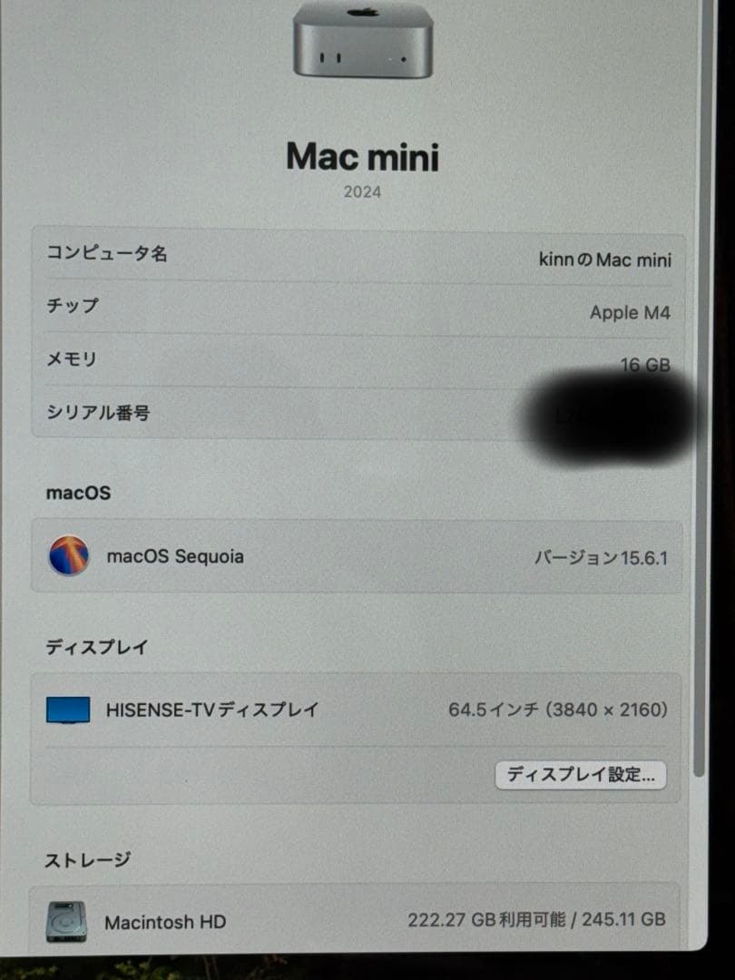 Macmini M4チップ 16GBメモリ 2024年モデル保証26年1月まで