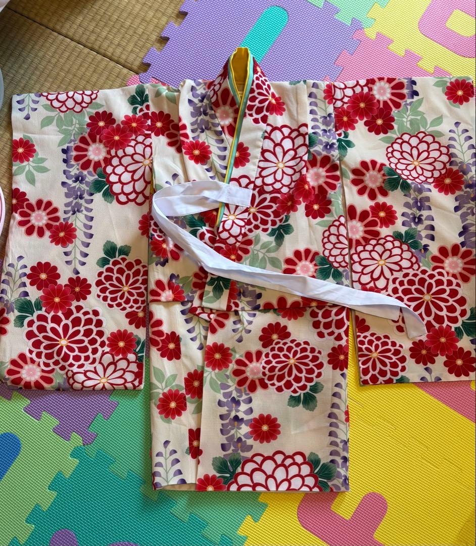 【値下げしました】子供用 七五三 着物 赤白花柄➕髪飾り&靴付