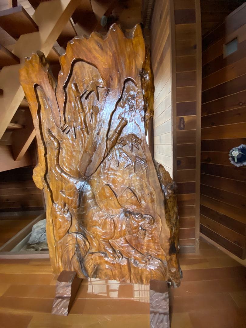 アンティーク　一刀彫り　衝立　パーテーション　虎トラ　天然木1枚板