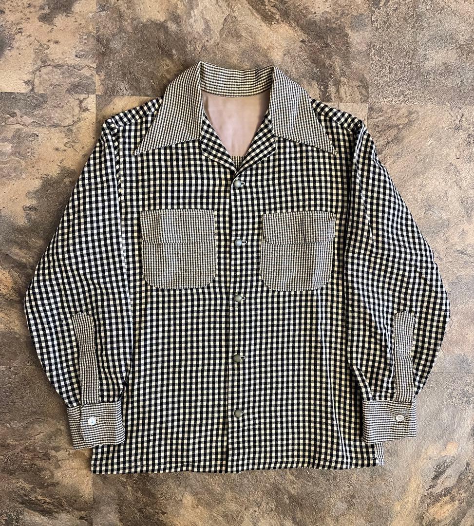 40s Vintage ウールオープンカラー クレイジーチェック ウール シャツ