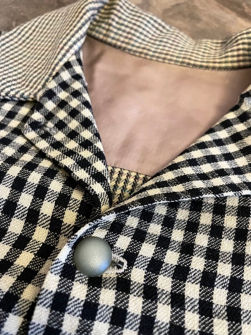 40s Vintage ウールオープンカラー クレイジーチェック ウール シャツ