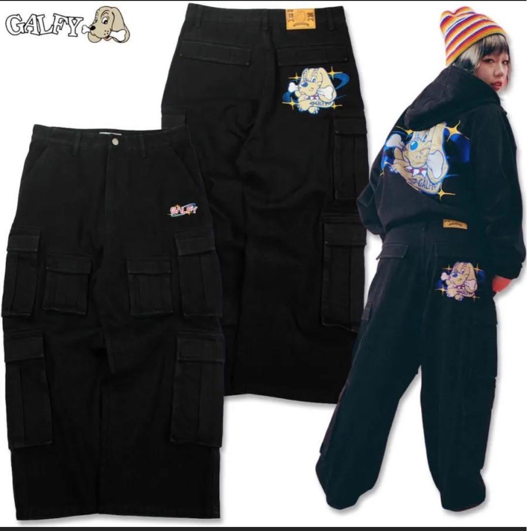 GALFY セットアップ　フード付きブラックジャケット&デニムワイドカーゴパンツ