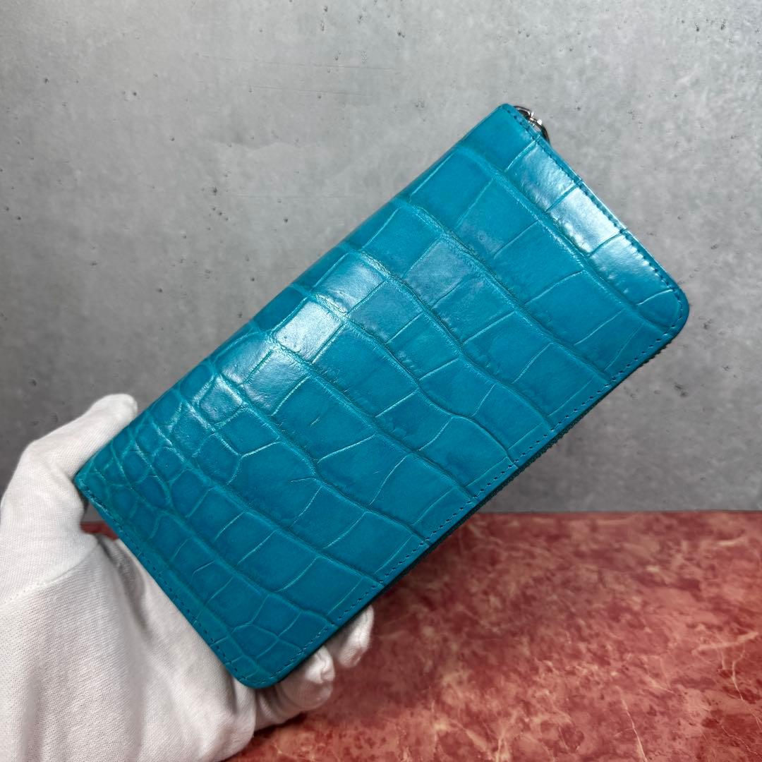 新品 クロコダイル ターコイズ ブルー 長財布 シルバーファスナー 本革 ワニ革