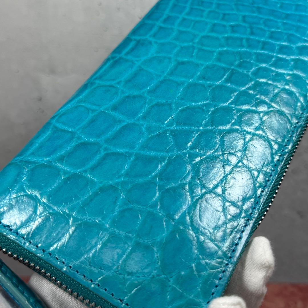 新品 クロコダイル ターコイズ ブルー 長財布 シルバーファスナー 本革 ワニ革