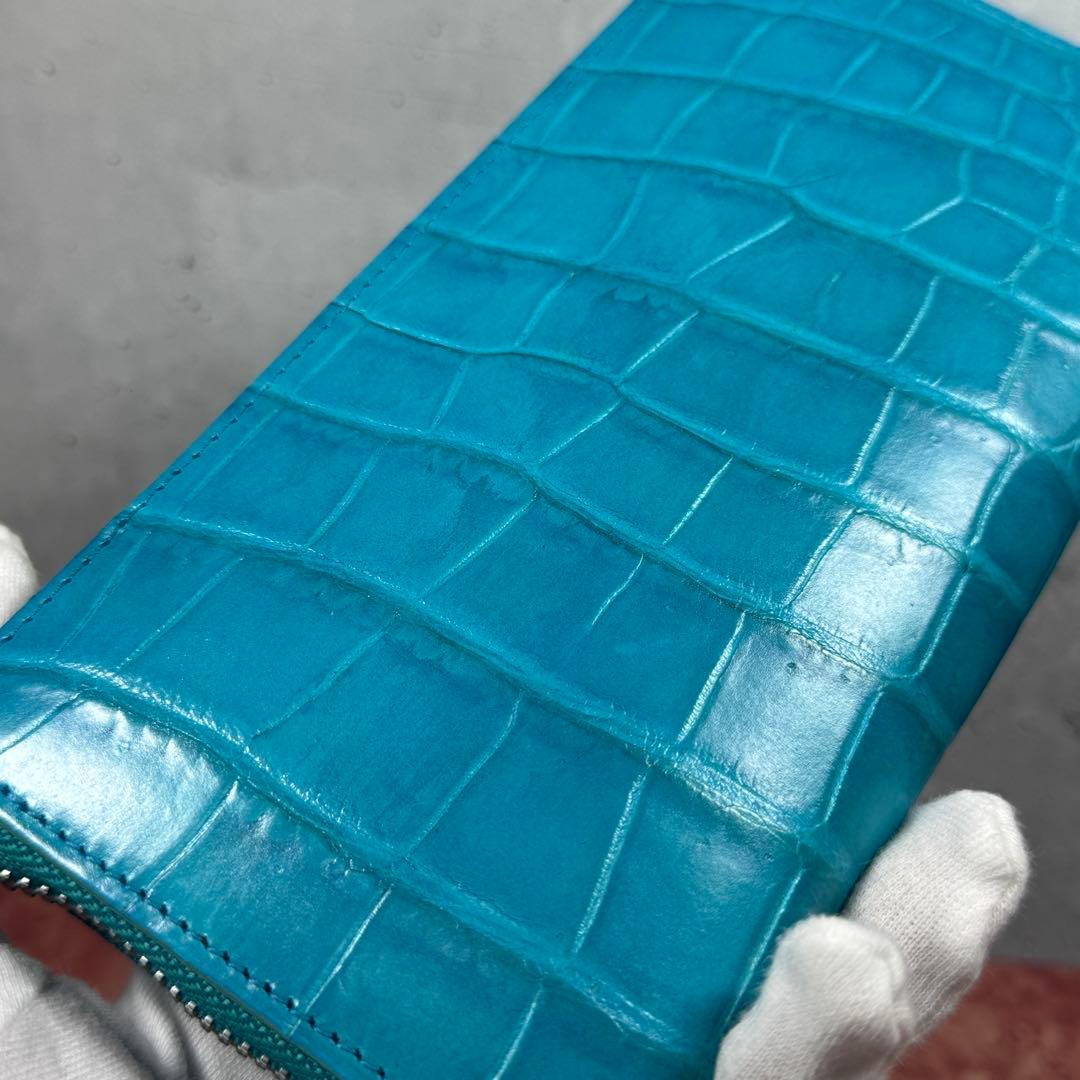 新品 クロコダイル ターコイズ ブルー 長財布 シルバーファスナー 本革 ワニ革