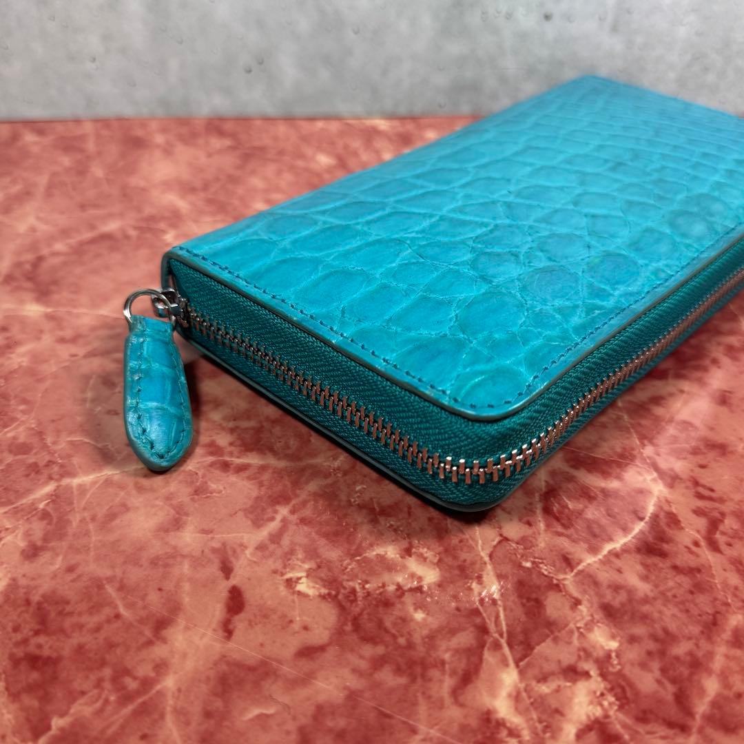 新品 クロコダイル ターコイズ ブルー 長財布 シルバーファスナー 本革 ワニ革