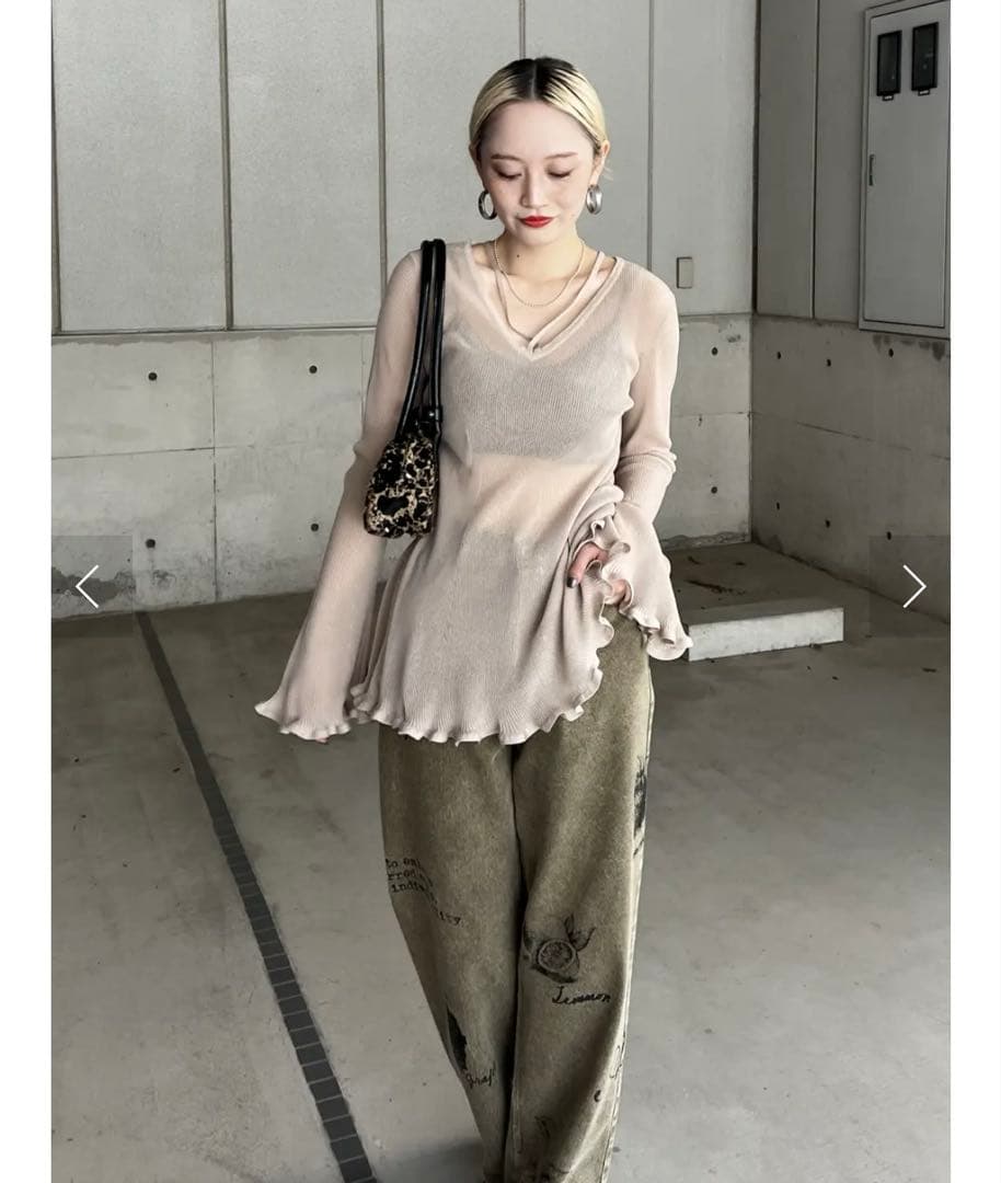 トップス SHEER FRILL V NECK KNIT TOP