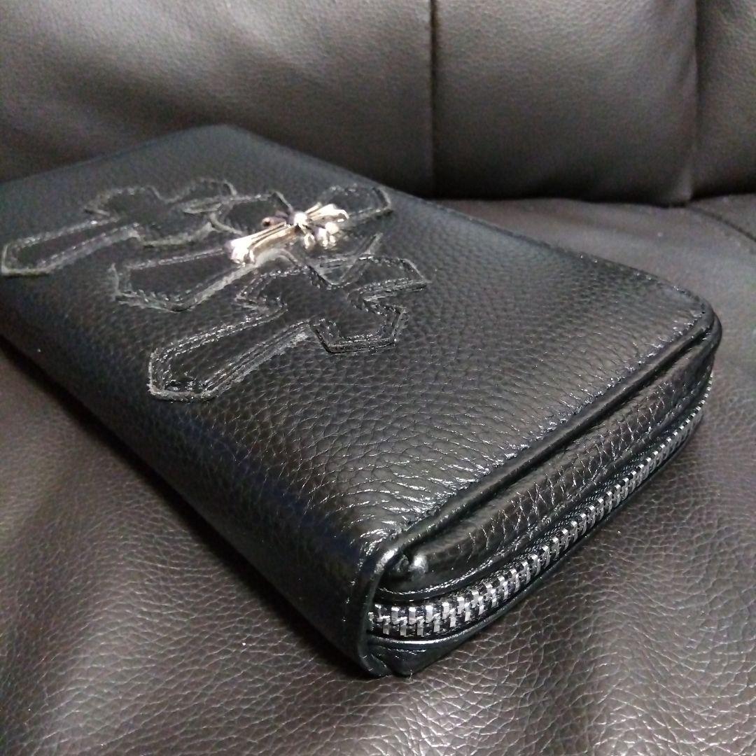 【極美品‼️】本革ブラックレザー ラウンドファスナー クロスモチーフ