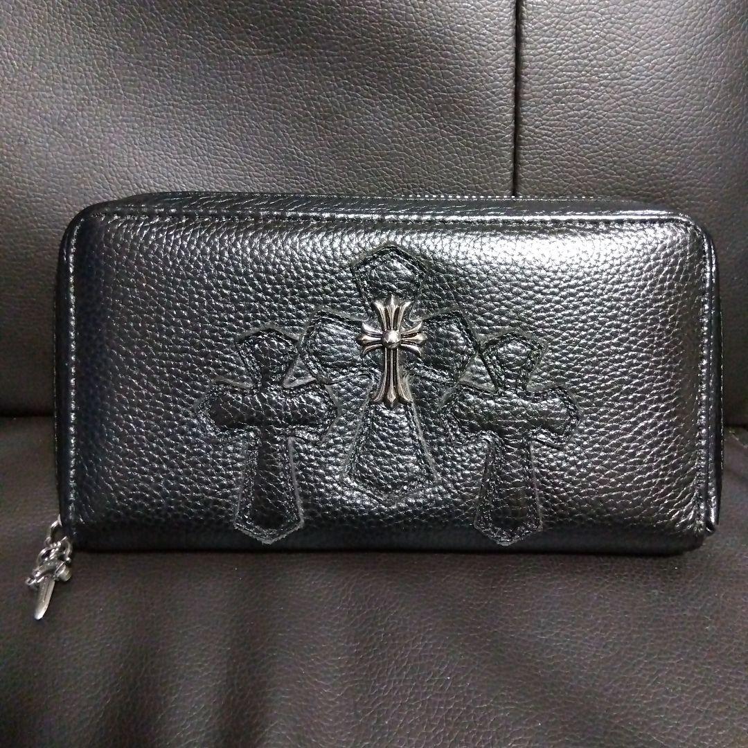 【極美品‼️】本革ブラックレザー ラウンドファスナー クロスモチーフ