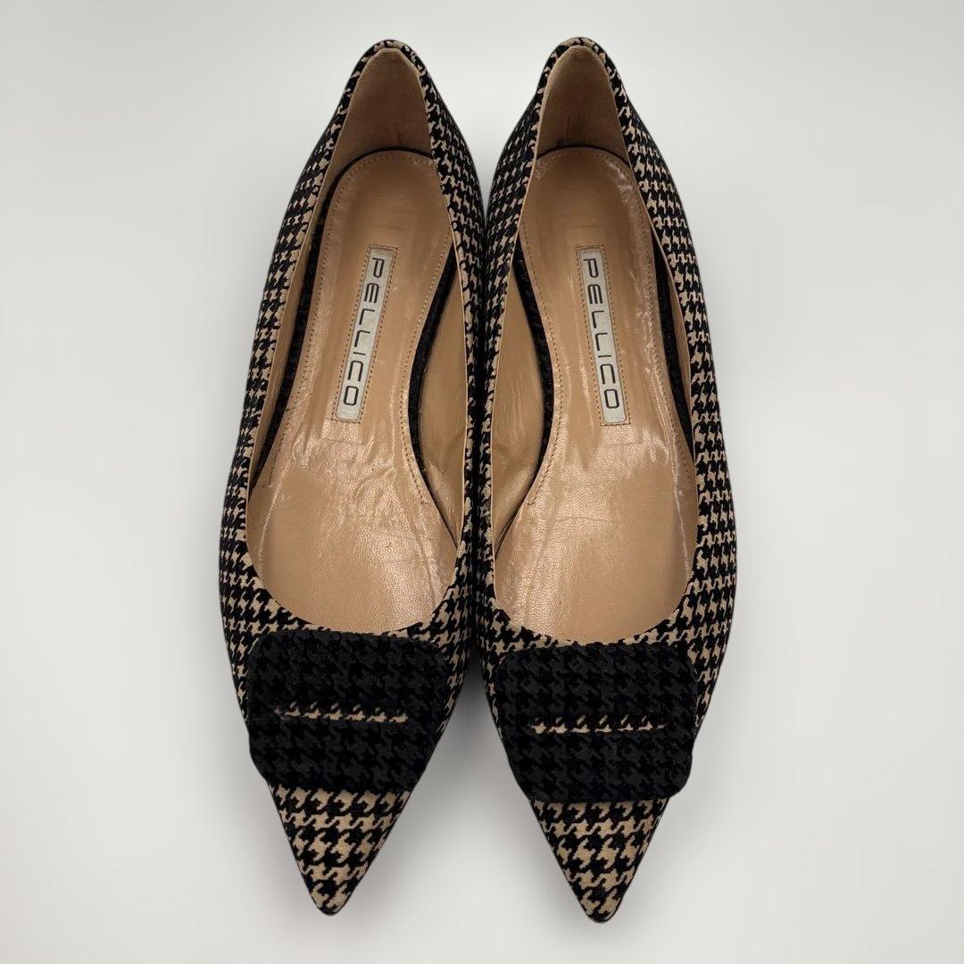 美品✨ペリーコ　フィッビア　千鳥柄　ポインテッドトゥ　フラットシューズ　黒×茶