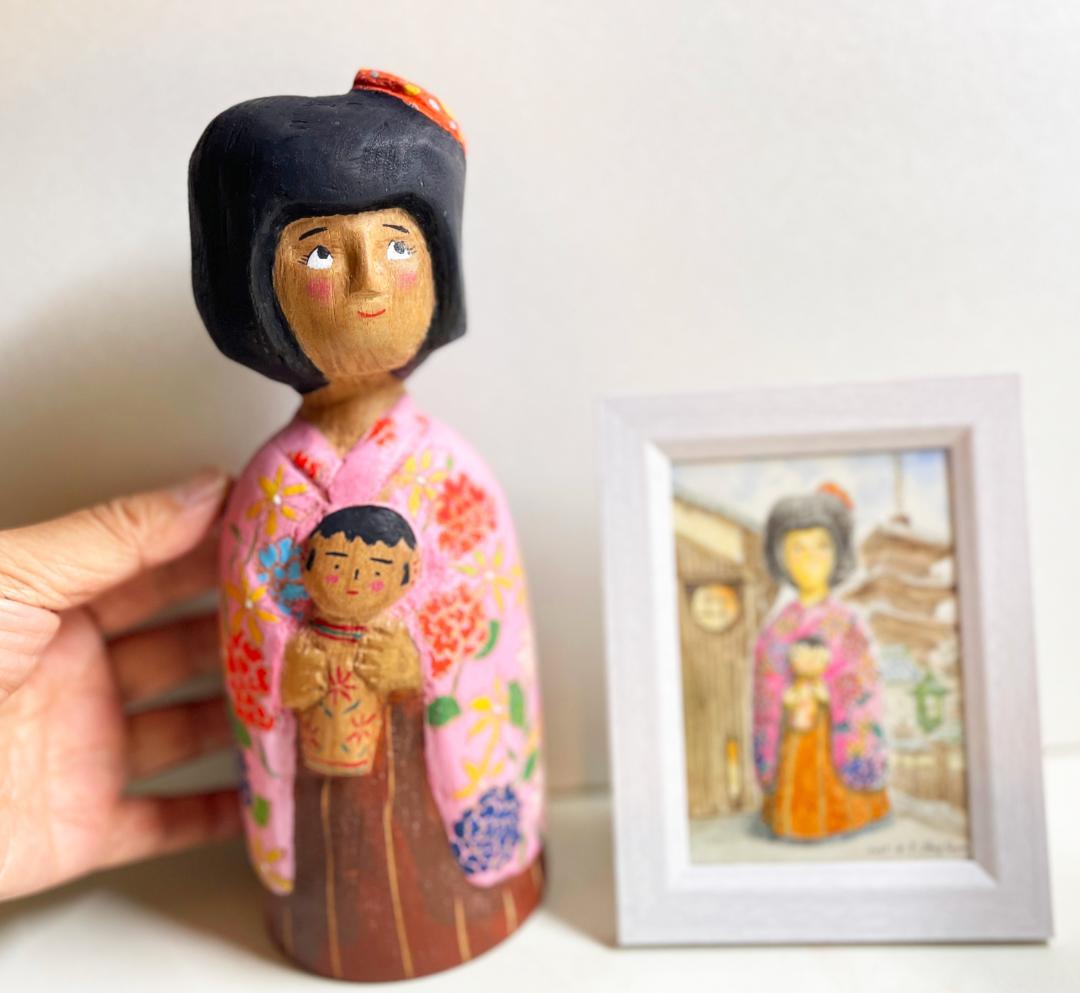 ま*み様 オリジナル手描き絵画と木製人形セット by 絵本作家Shuz Saya