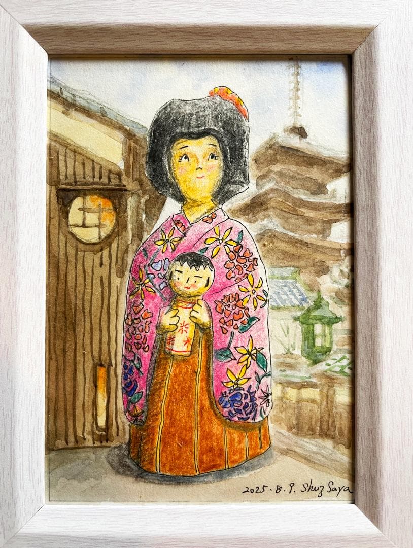 ま*み様 オリジナル手描き絵画と木製人形セット by 絵本作家Shuz Saya