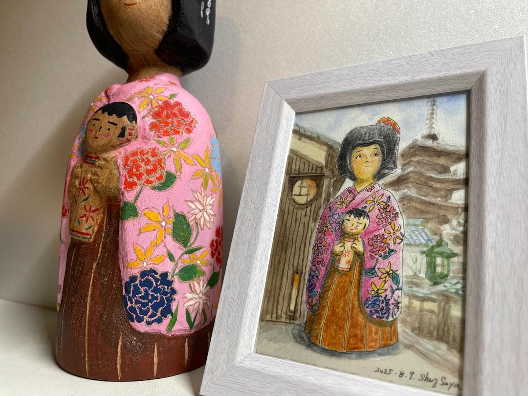 ま*み様 オリジナル手描き絵画と木製人形セット by 絵本作家Shuz Saya