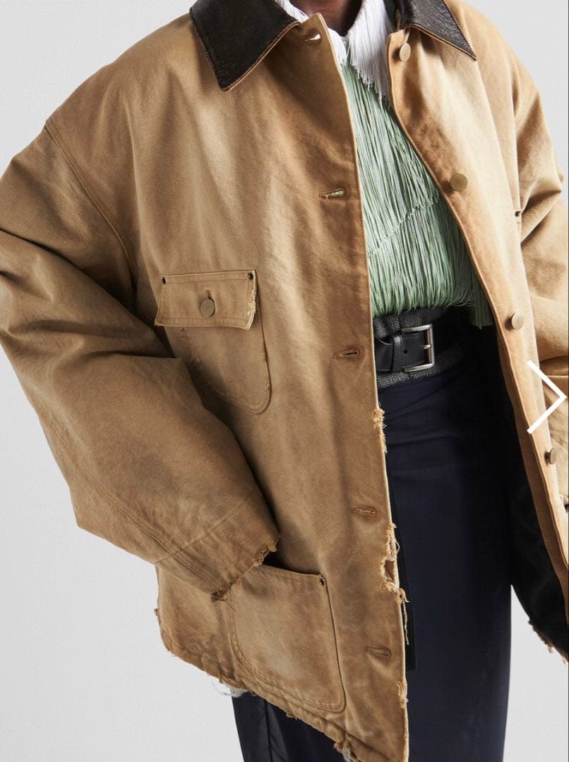 プラダ　ボンバー 三角ロゴレザーヴィンテージ加工キャンバスジャケット