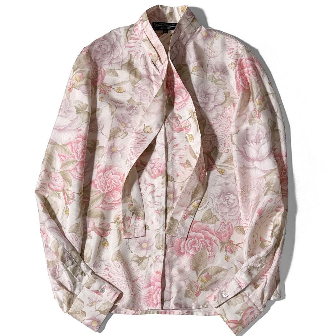 サルヴァトーレフェラガモ 花柄 シルク ボウタイ 長袖 シャツ 絹 38 ピンク