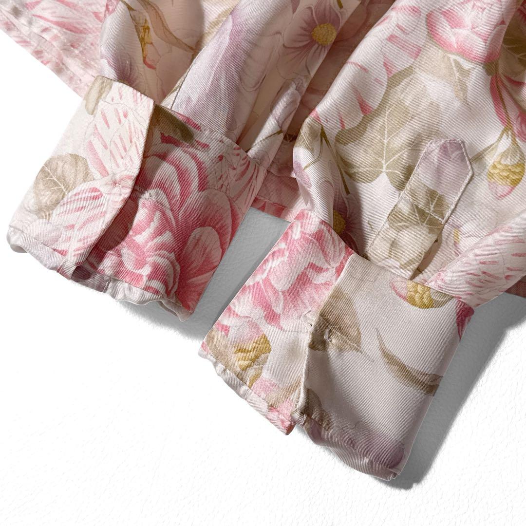 サルヴァトーレフェラガモ 花柄 シルク ボウタイ 長袖 シャツ 絹 38 ピンク