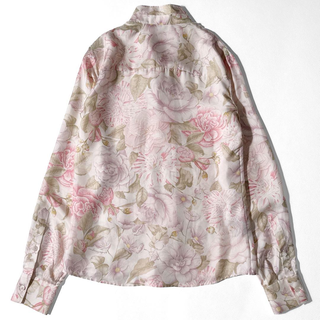 サルヴァトーレフェラガモ 花柄 シルク ボウタイ 長袖 シャツ 絹 38 ピンク