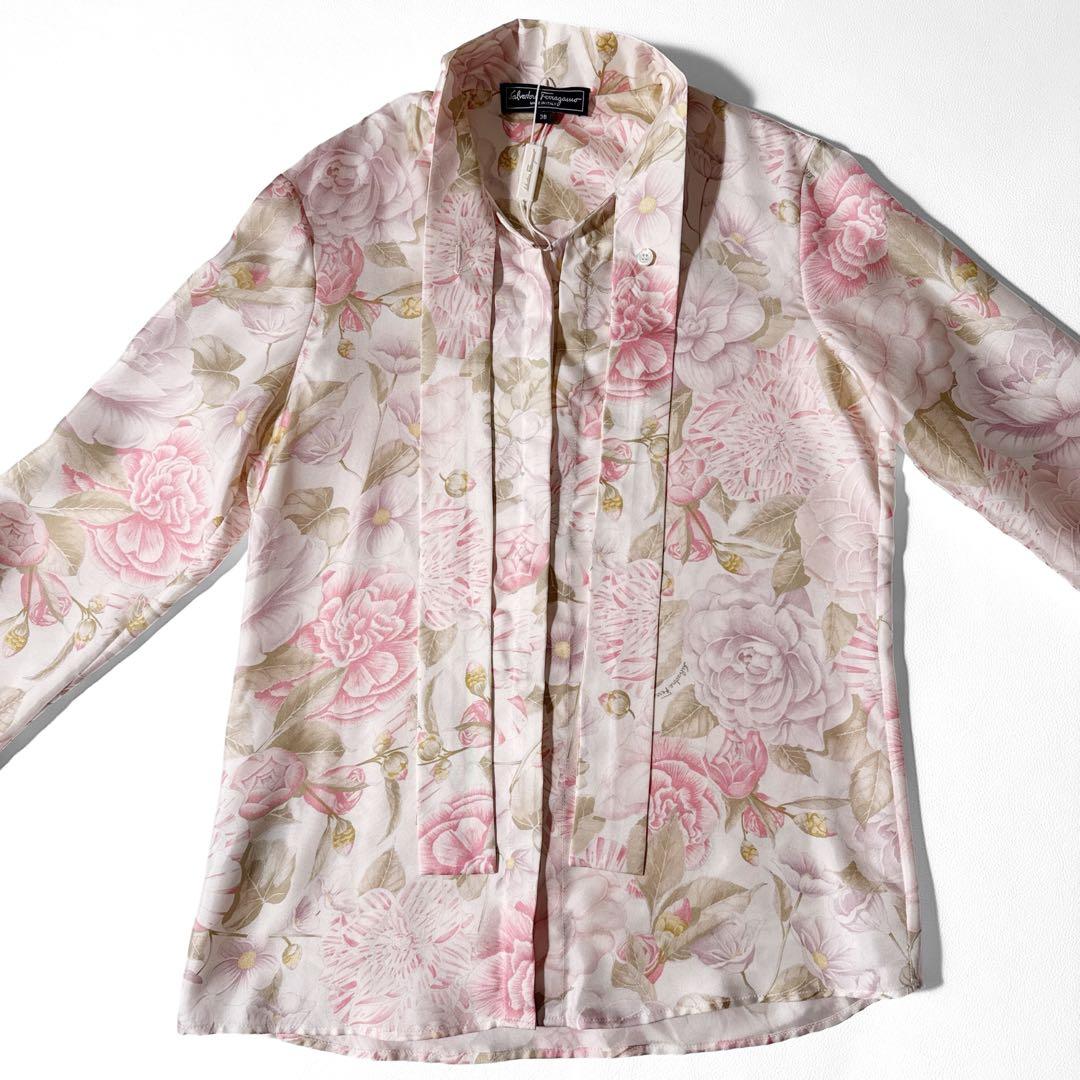 サルヴァトーレフェラガモ 花柄 シルク ボウタイ 長袖 シャツ 絹 38 ピンク