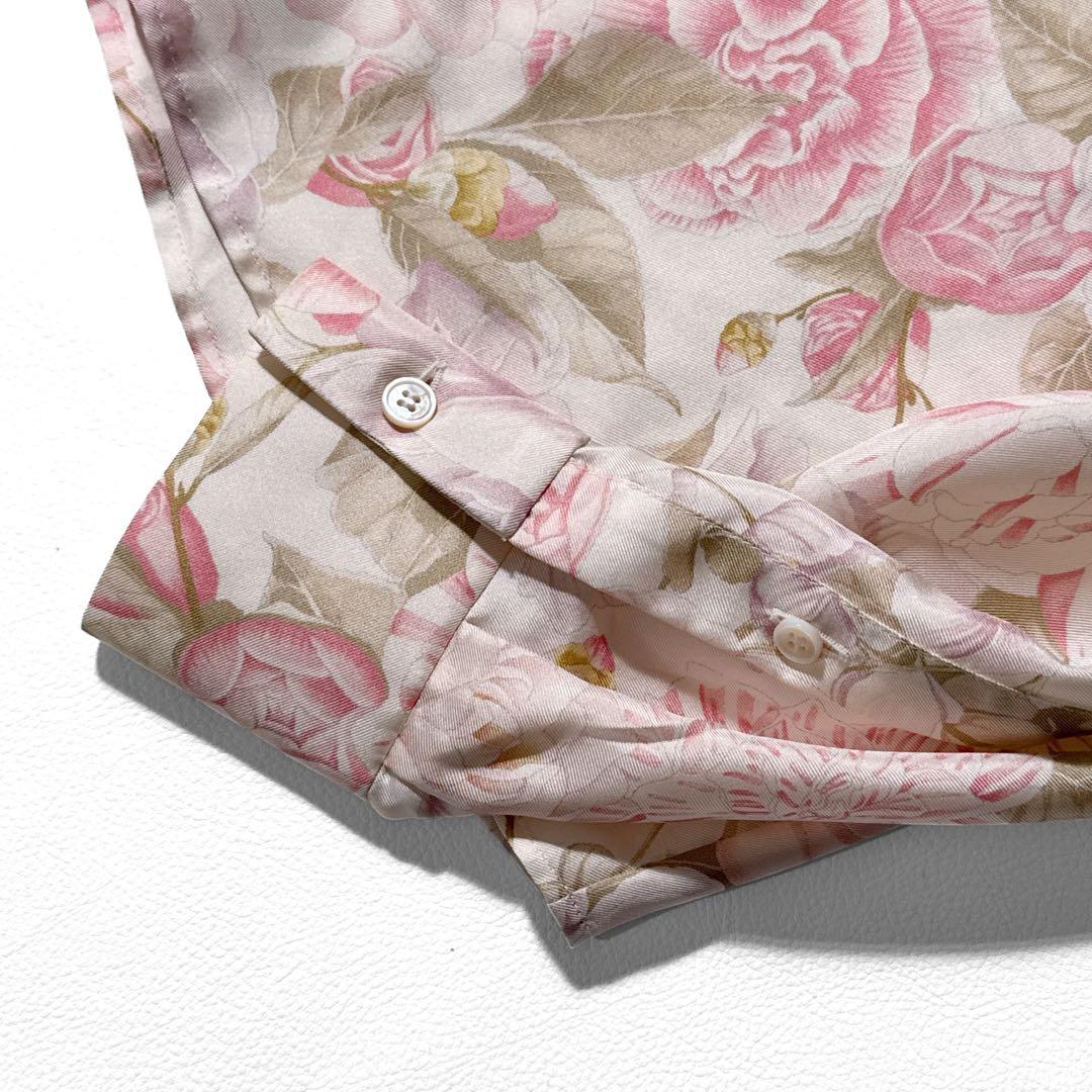 サルヴァトーレフェラガモ 花柄 シルク ボウタイ 長袖 シャツ 絹 38 ピンク