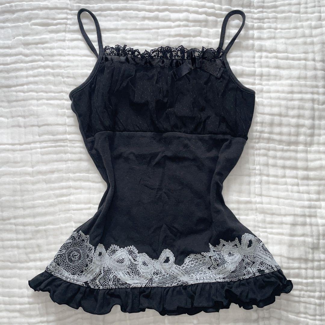 00s 希少 putumayo リボン異素材切り替えプリントフリルキャミ v系