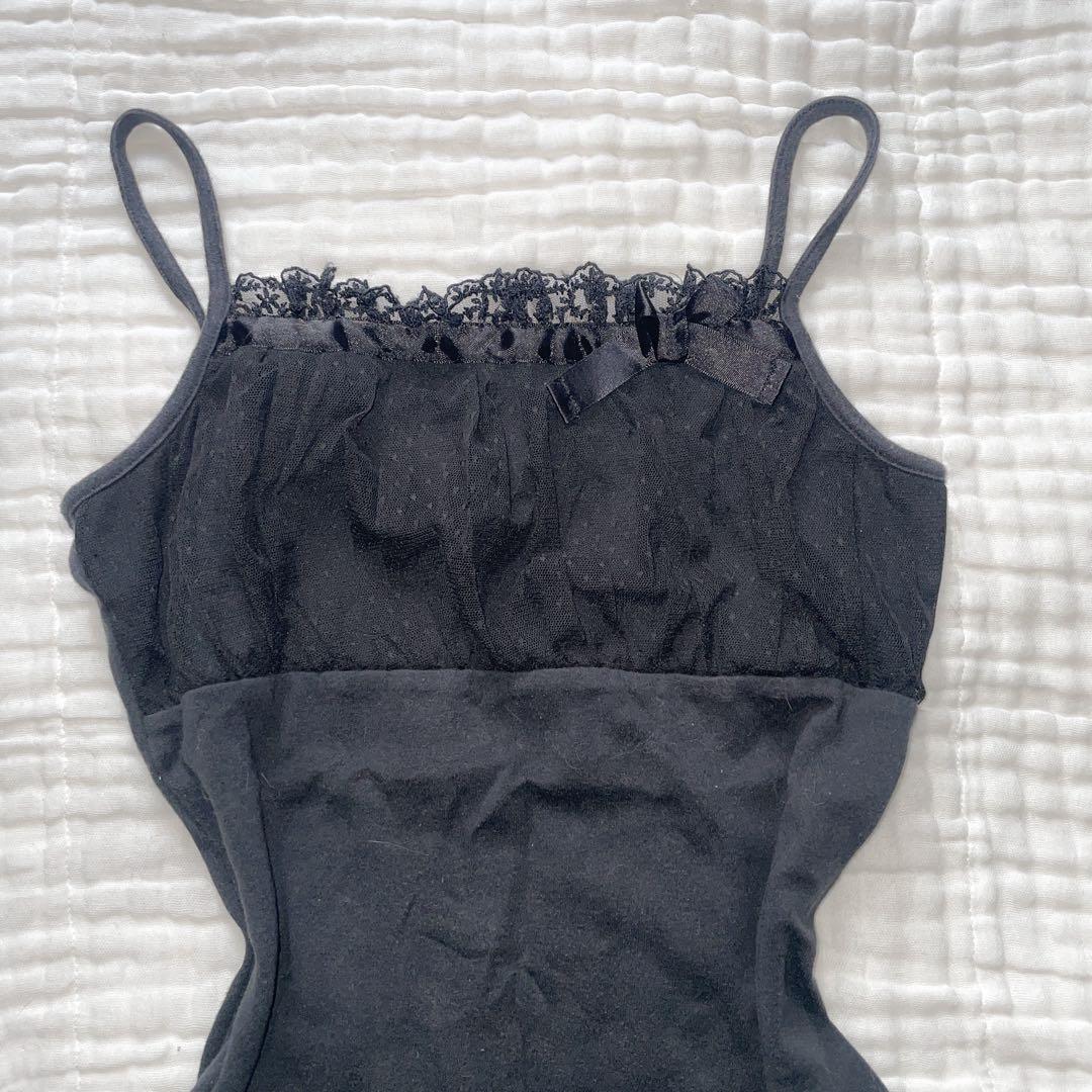 00s 希少 putumayo リボン異素材切り替えプリントフリルキャミ v系