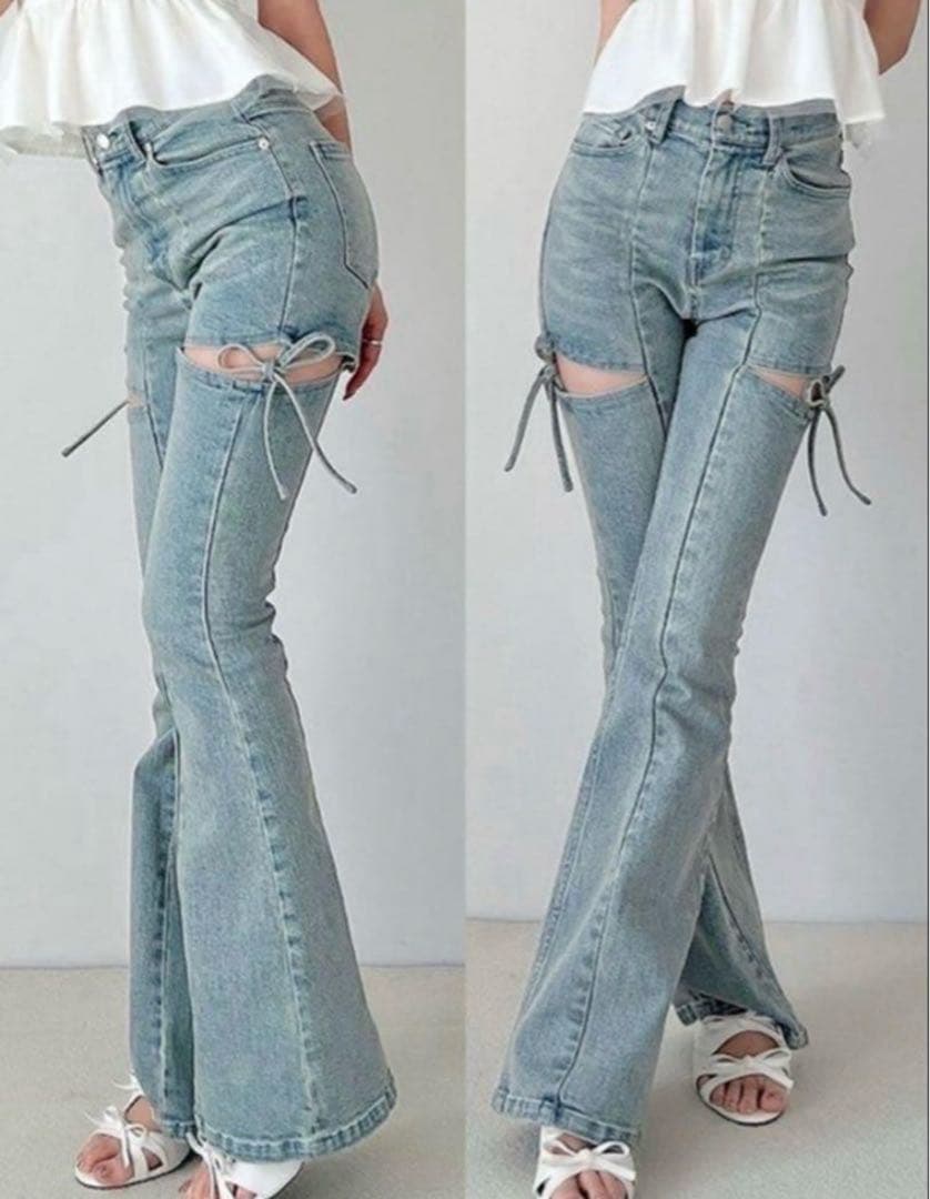 【タグ付き】RESEXXY カットアウトリボンデニムパンツ アイスブルー M