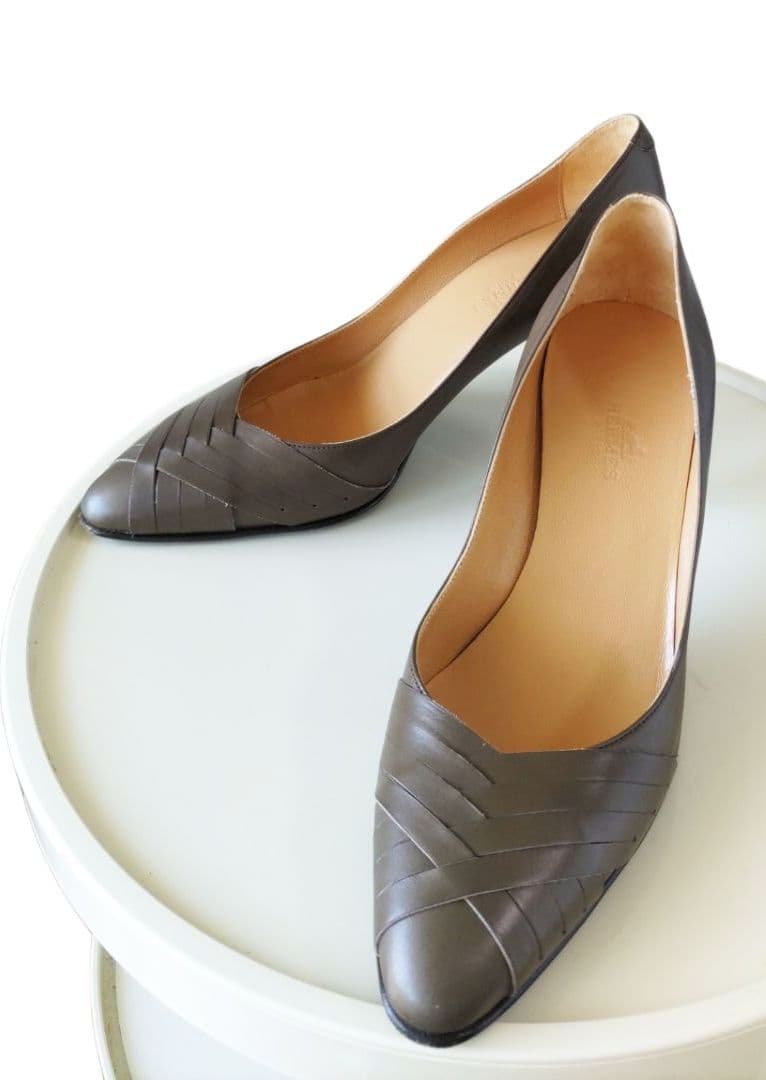 エルメス　HERMES パンプス　レザー　オリーブグリーン　ポインテッドトゥ