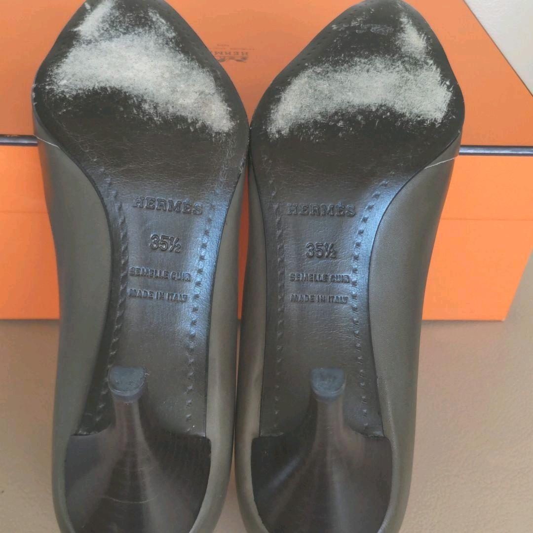 エルメス　HERMES パンプス　レザー　オリーブグリーン　ポインテッドトゥ