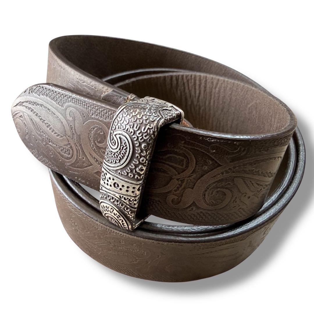 イタリア製 ETRO カービングベルト レザーベルト ブラウン ペイズリー