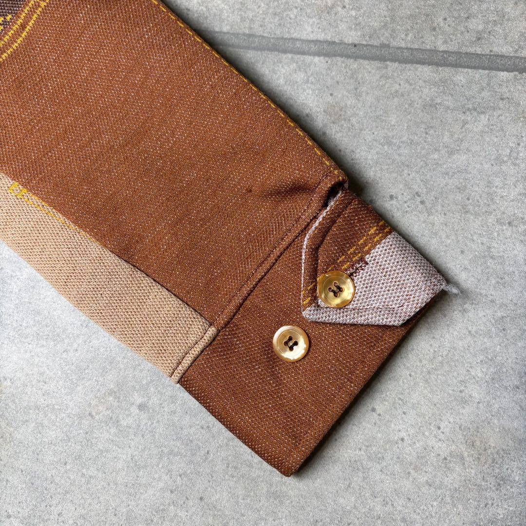 ヴィンテージ　長袖シャツ　ポリシャツ　70s　開襟　ツギハギ　ボックス型　太襟