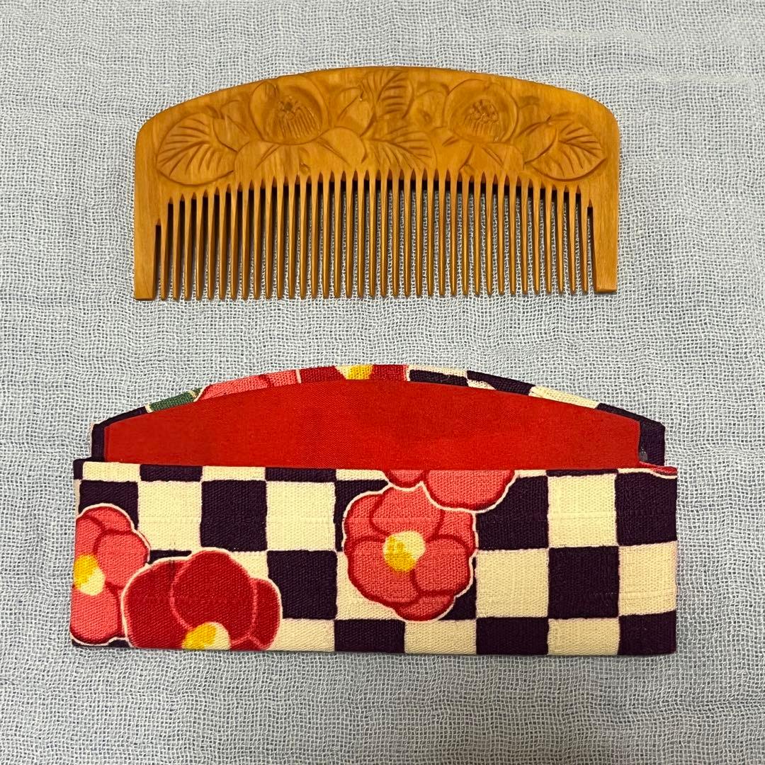 喜多つげ製作所 解櫛 彫 つばき 二輪 つげ櫛