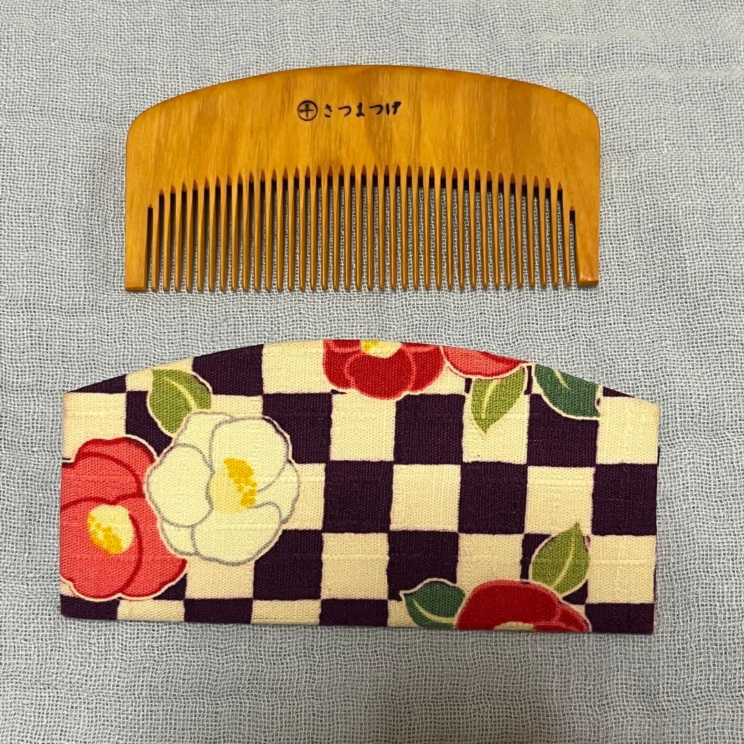 喜多つげ製作所 解櫛 彫 つばき 二輪 つげ櫛