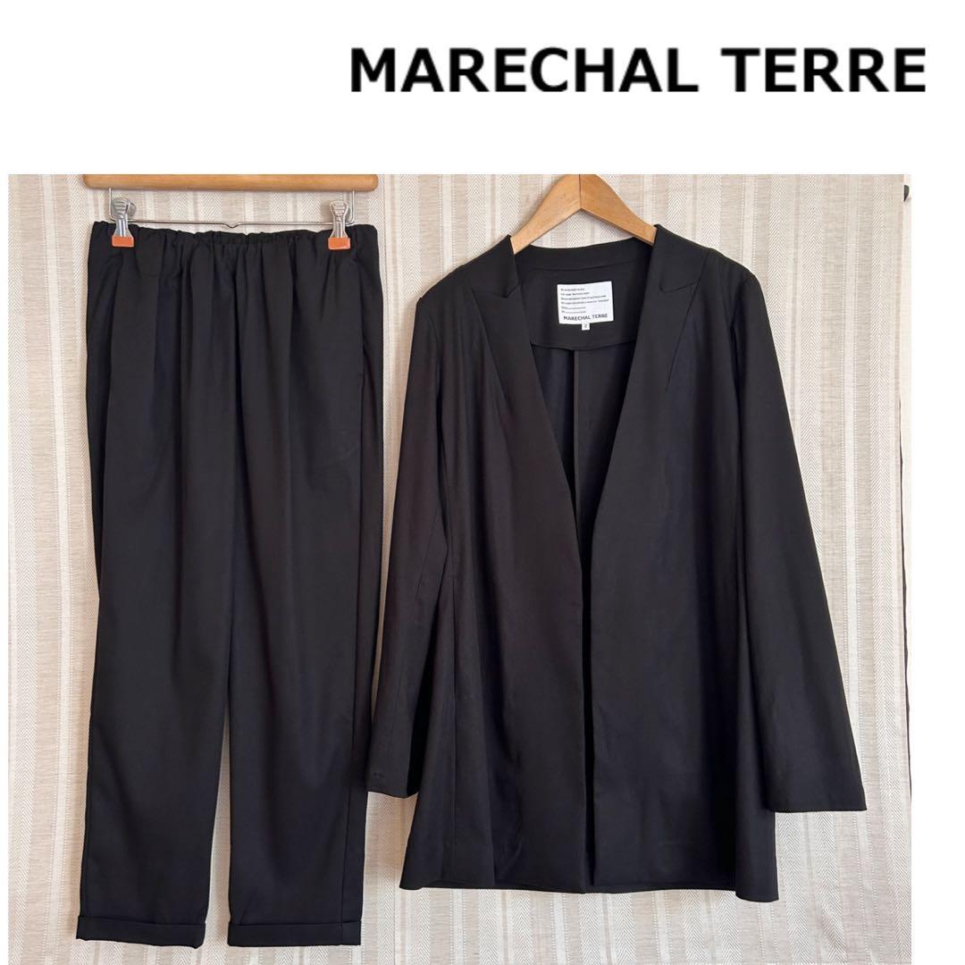 MARECHAL TERRE 黒Vネックノーカラーパンツスーツ2