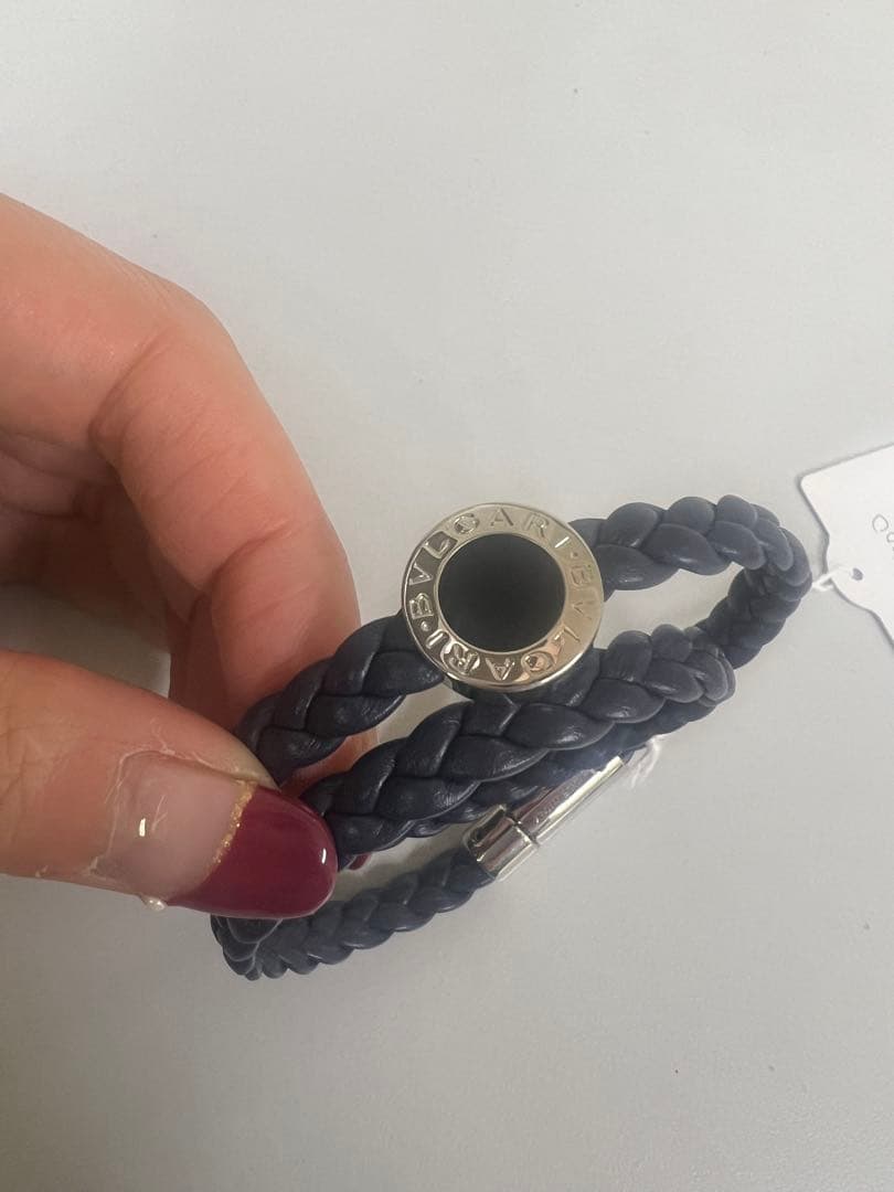 BULGARI ダークブルー 編み込みレザーブレスレット