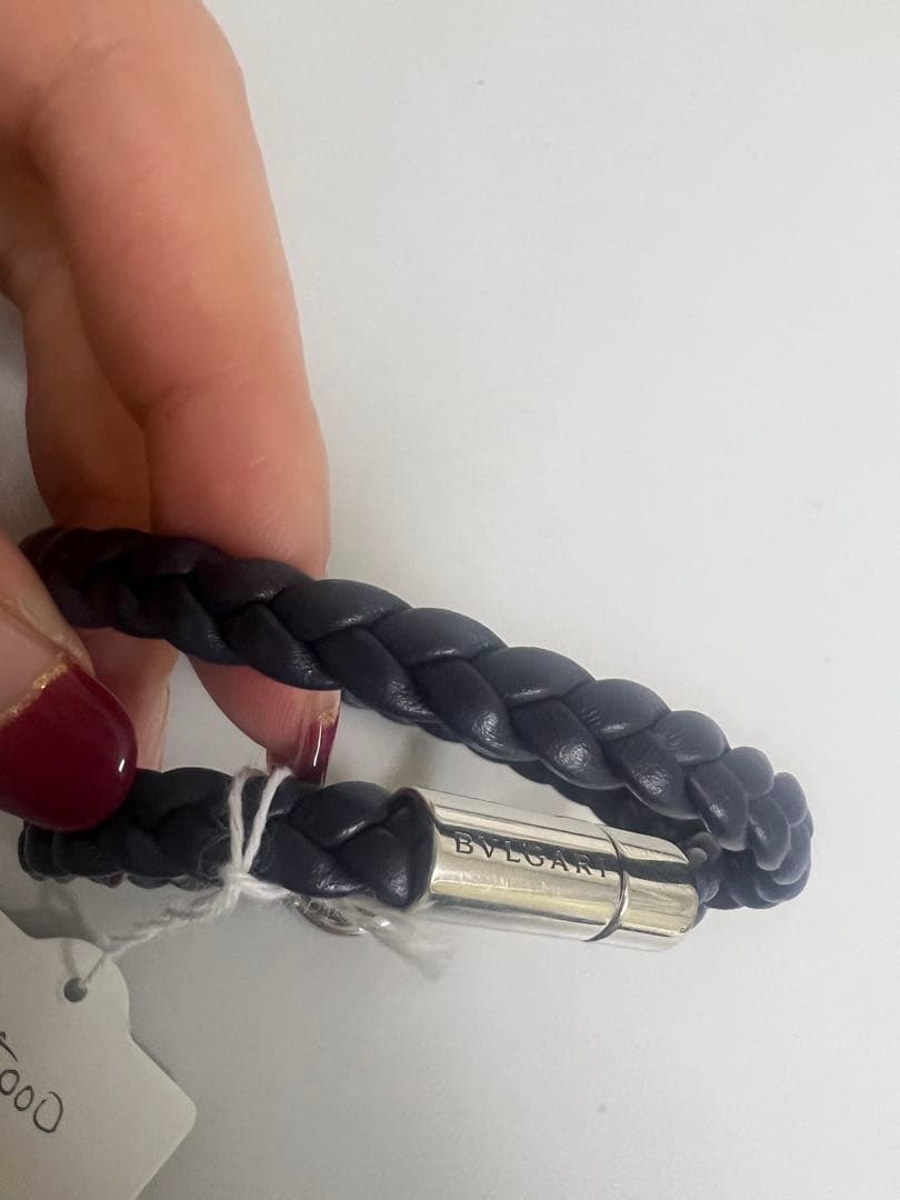 BULGARI ダークブルー 編み込みレザーブレスレット