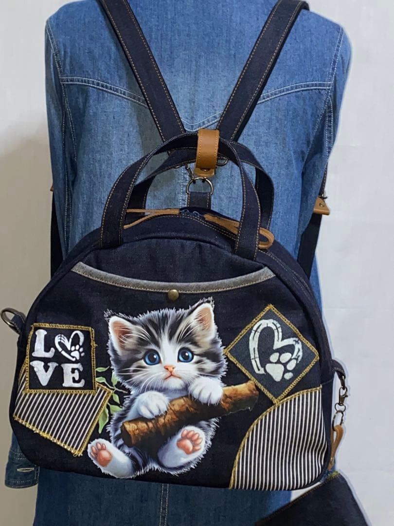 ☆岡山デニム☆ぶら下がりネコ☆子猫☆扇型☆リュック対応☆4wayボストンバッグ