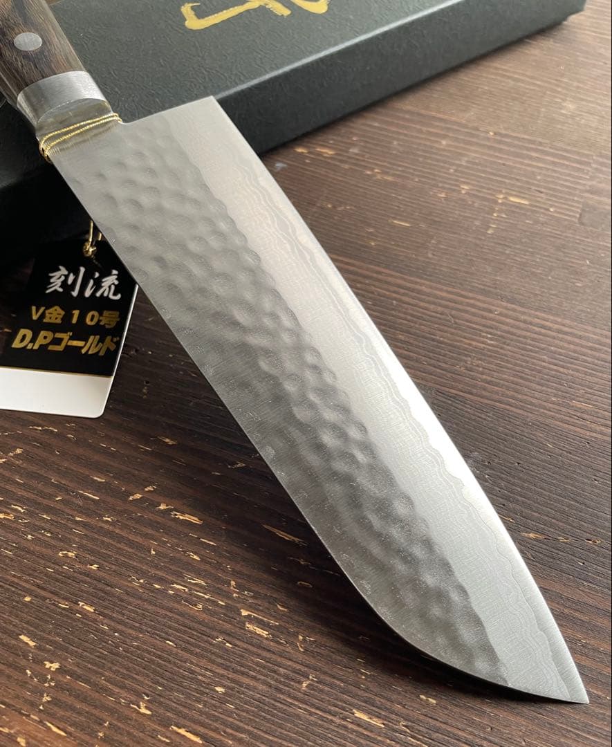 増谷刃物 訓平作 三徳包丁 VG10ステンレス 積層槌目 刻流 口金有 スコッチ