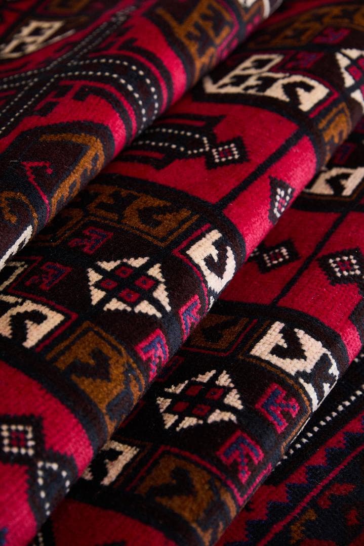 ヴィンテージラグ　トライバルラグ　バルーチ族(199×103cm)茶・赤・紺・黒