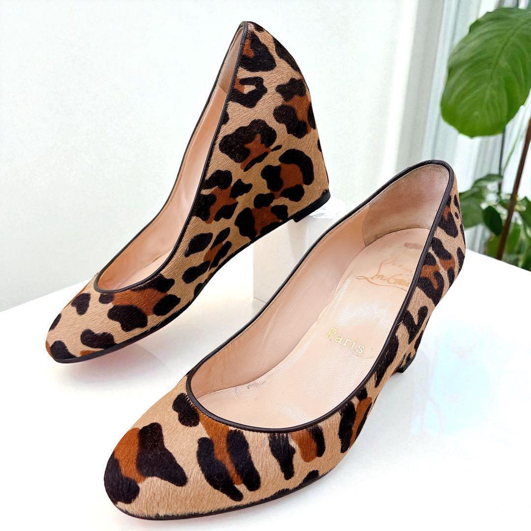 希少【美品】クリスチャンルブタン/パンプス/ハラコ/ウェッジソール/レオパード柄