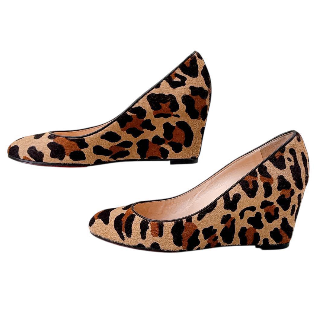 希少【美品】クリスチャンルブタン/パンプス/ハラコ/ウェッジソール/レオパード柄