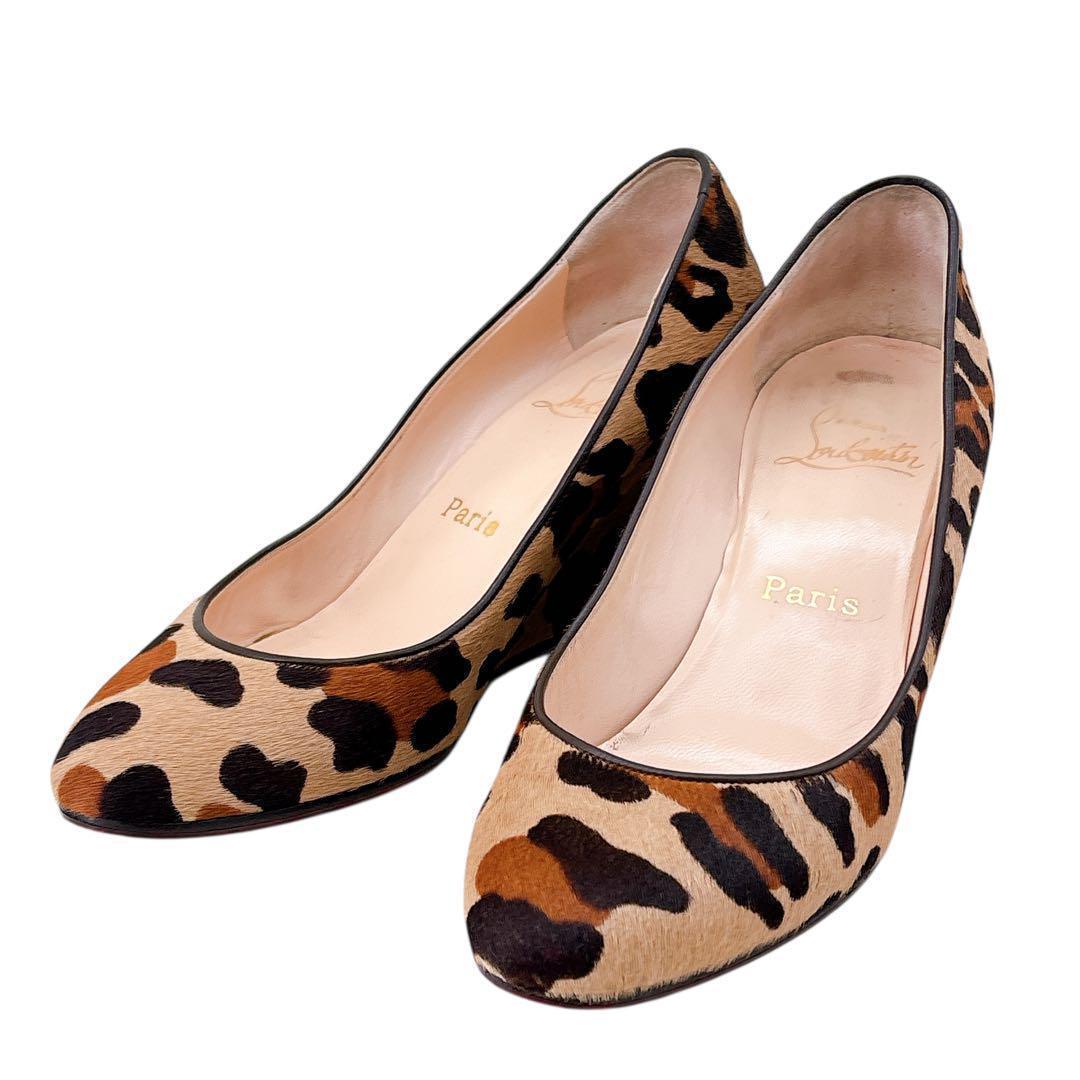 希少【美品】クリスチャンルブタン/パンプス/ハラコ/ウェッジソール/レオパード柄